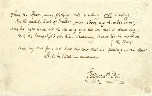 Facsimile The Raven -runon viimeisen säkeistön käsikirjoituksesta.